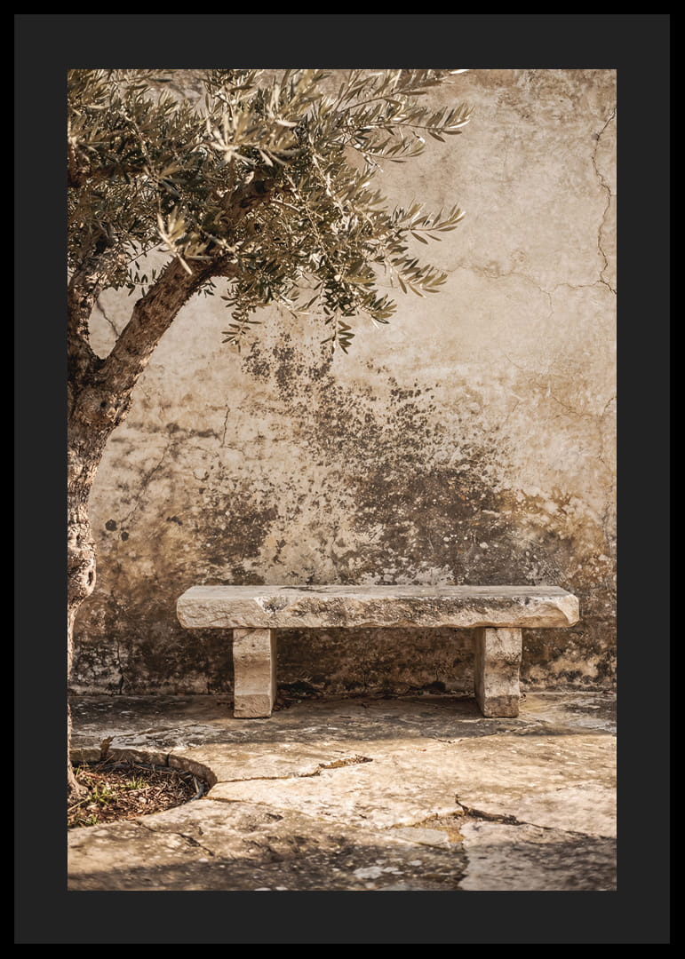 A timeless stone bench against an antique wall creates peaceful harmony.-12