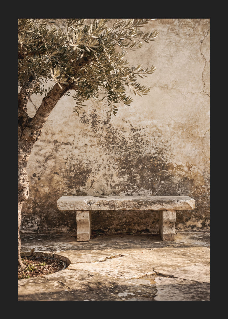 A timeless stone bench against an antique wall creates peaceful harmony.-12