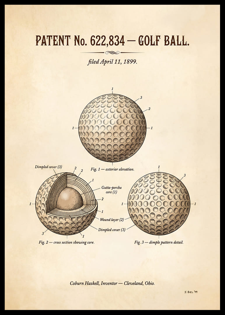 Minge de golf patentată din 1899 cu design detaliat.-12