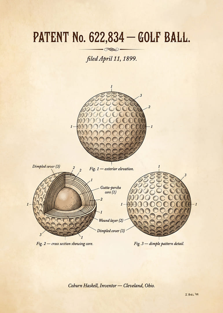 Minge de golf patentată din 1899 cu design detaliat.-12