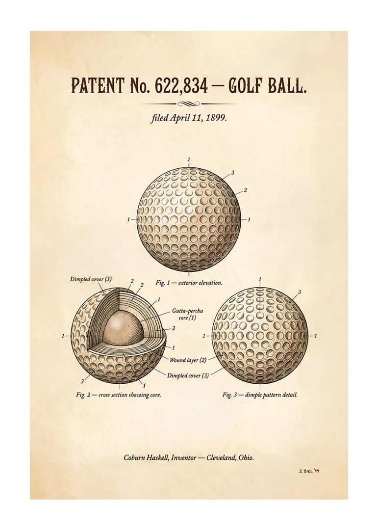 Minge de golf patentată din 1899 cu design detaliat.-12