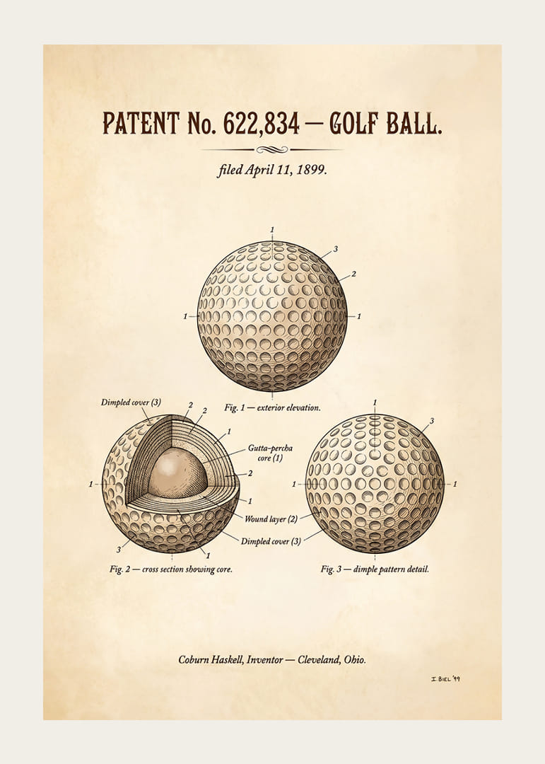 Minge de golf patentată din 1899 cu design detaliat.-12