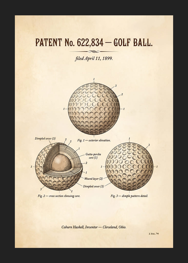 Minge de golf patentată din 1899 cu design detaliat.-12