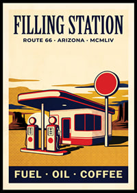 Charming retro poster of a classic gas station.-0