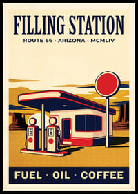 Affascinante poster in stile retrò di una classica stazione di servizio.-0