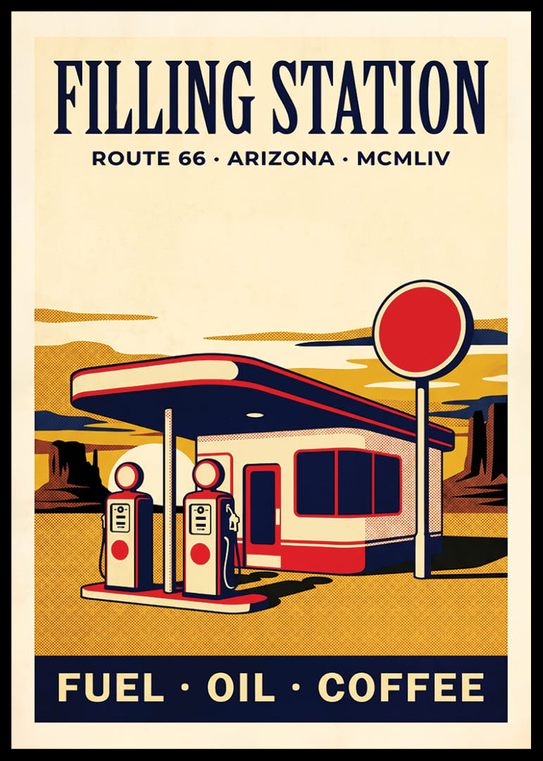 Affascinante poster in stile retrò di una classica stazione di servizio.-12