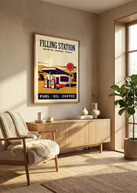 Charming retro poster of a classic gas station.-2