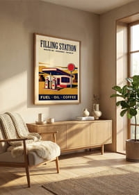 Affascinante poster in stile retrò di una classica stazione di servizio.-2