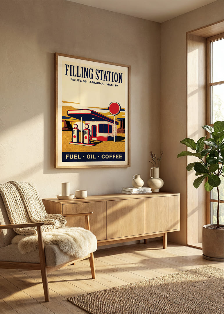 Affascinante poster in stile retrò di una classica stazione di servizio.-12