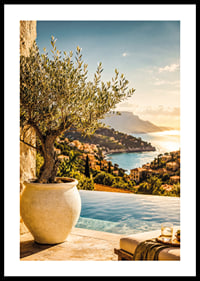 Mediterranean sea view with olive trees at sunset.-0