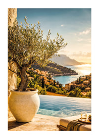 Mediterranean sea view with olive trees at sunset.-1