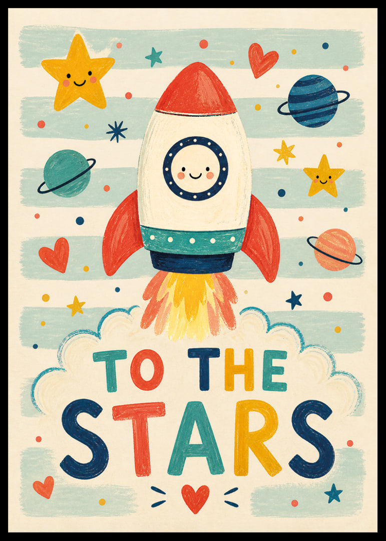 A colorful rocket travels towards the stars with happy motifs.-12