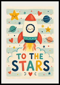 A colorful rocket travels towards the stars with happy motifs.-2