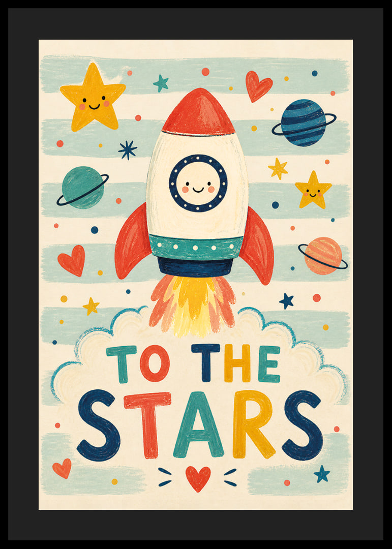 A colorful rocket travels towards the stars with happy motifs.-12