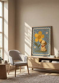 Gullig valp med blomma skapar en harmonisk känsla.-2