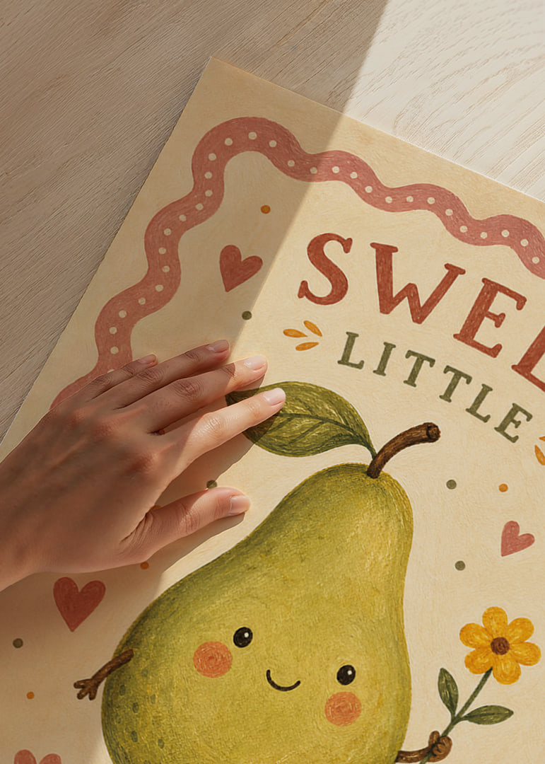 A smiling pear with floral charm spreads joy.-12