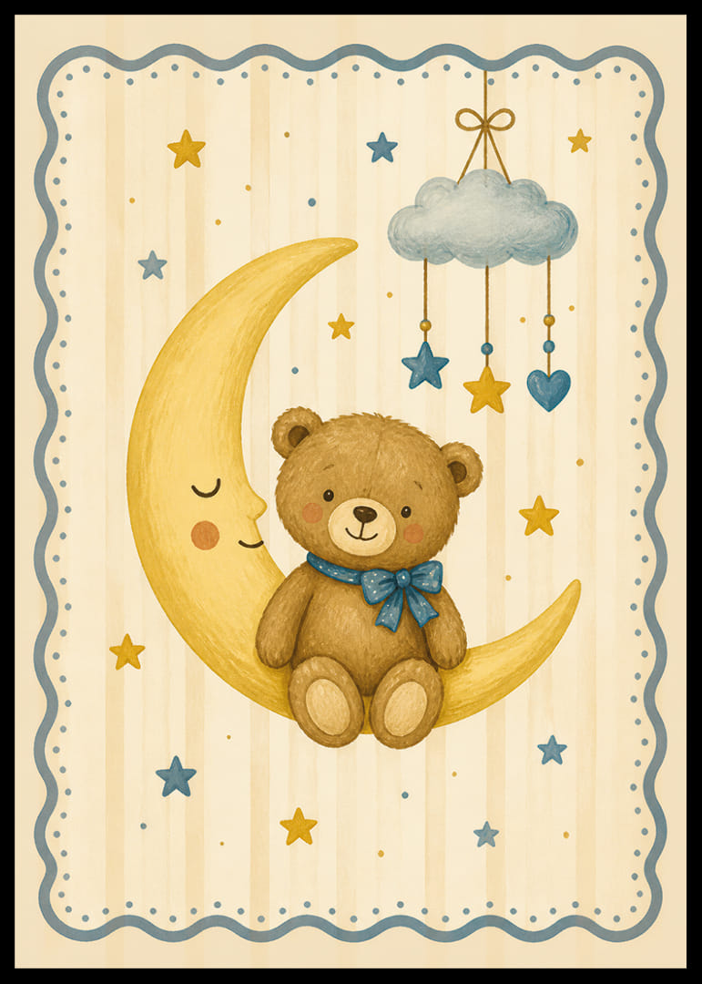 Ein niedlicher Teddybär schläft sicher auf dem Mond zwischen den Sternen.-12