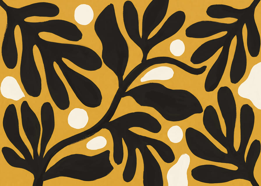 Black leaves dance against a golden background.-12