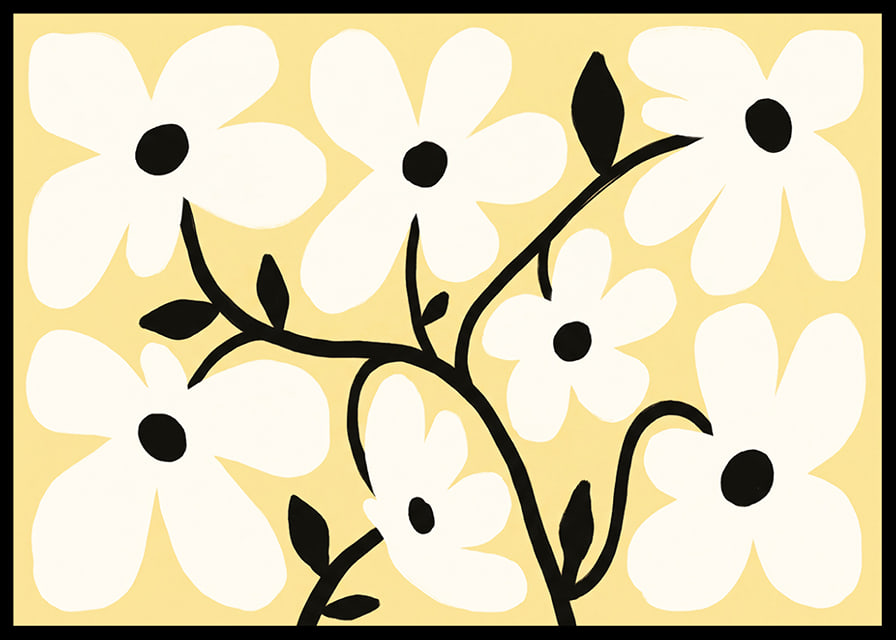 Playful white flowers on a light yellow background spread joy.-12