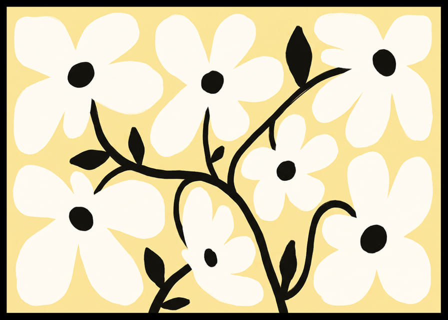 Playful white flowers on a light yellow background spread joy.-12