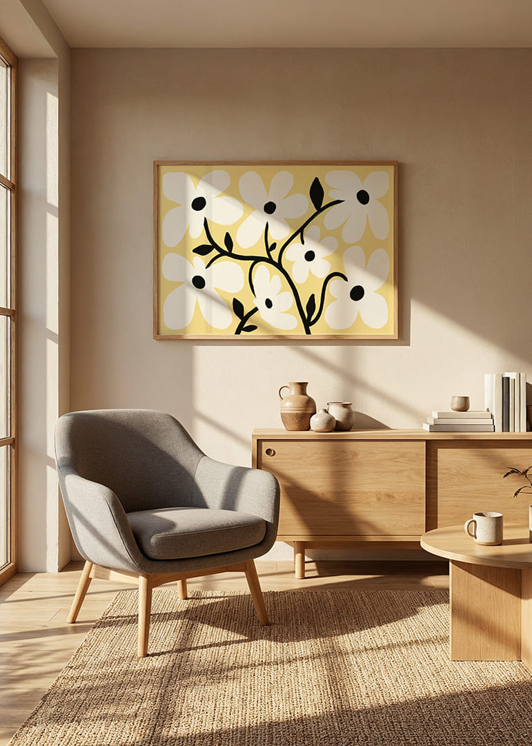 Playful white flowers on a light yellow background spread joy.-12