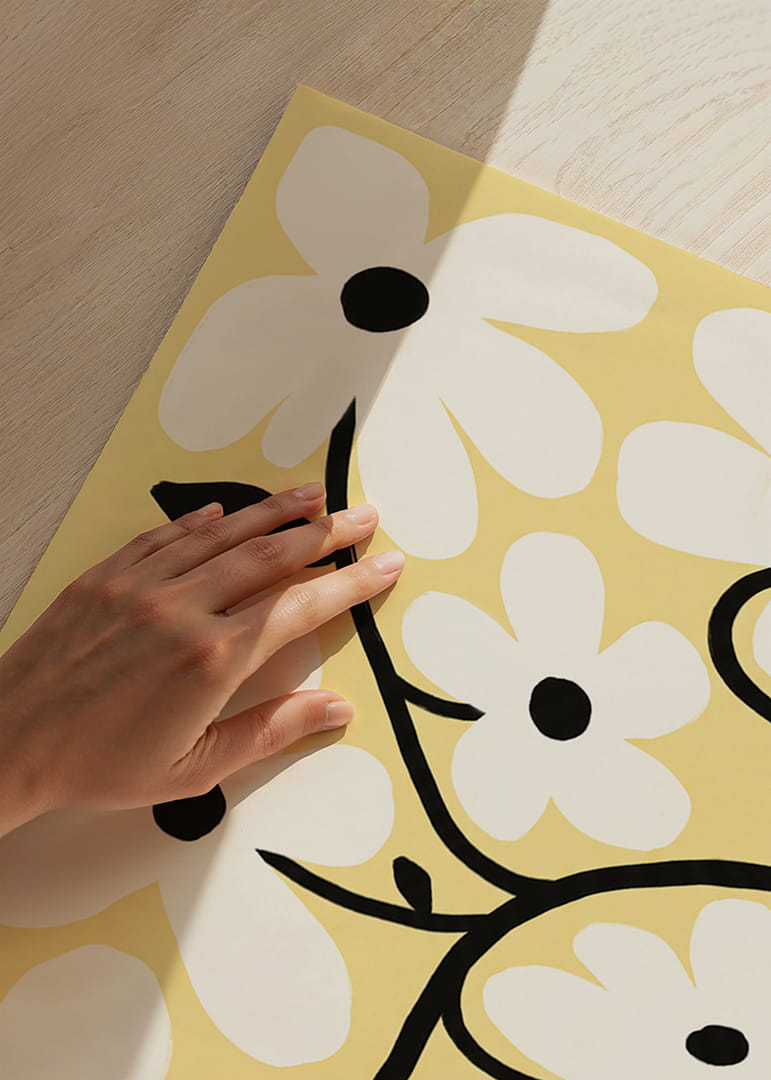 Playful white flowers on a light yellow background spread joy.-12