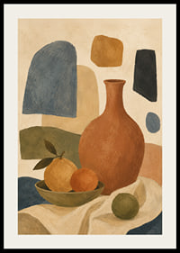 Still life with fruit and pot in earthy tones.-2