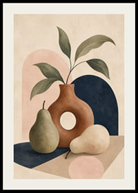Stylish shapes meet in a peaceful composition of pear and pot.-2