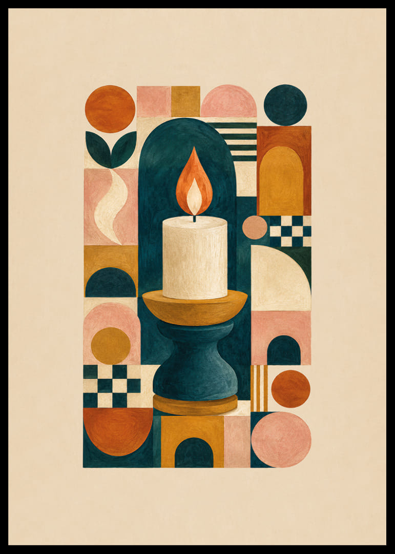 Een stijlvolle poster met harmonieuze geometrische vormen en een stralende vlam.-12