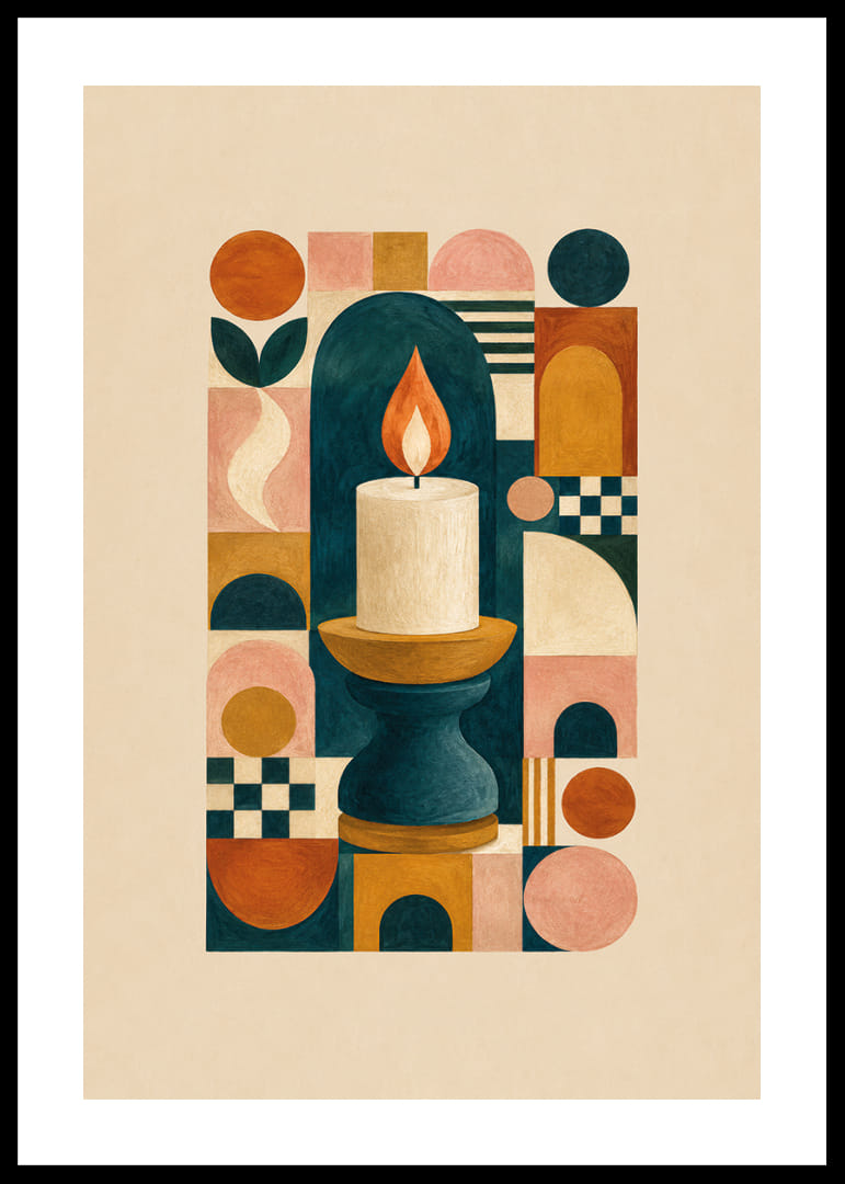 Een stijlvolle poster met harmonieuze geometrische vormen en een stralende vlam.-12