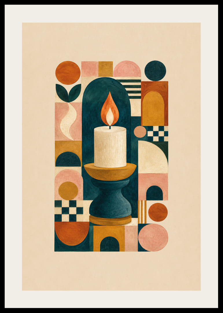 Een stijlvolle poster met harmonieuze geometrische vormen en een stralende vlam.-12