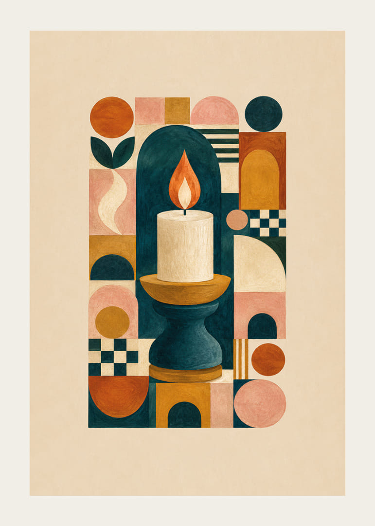 Een stijlvolle poster met harmonieuze geometrische vormen en een stralende vlam.-12