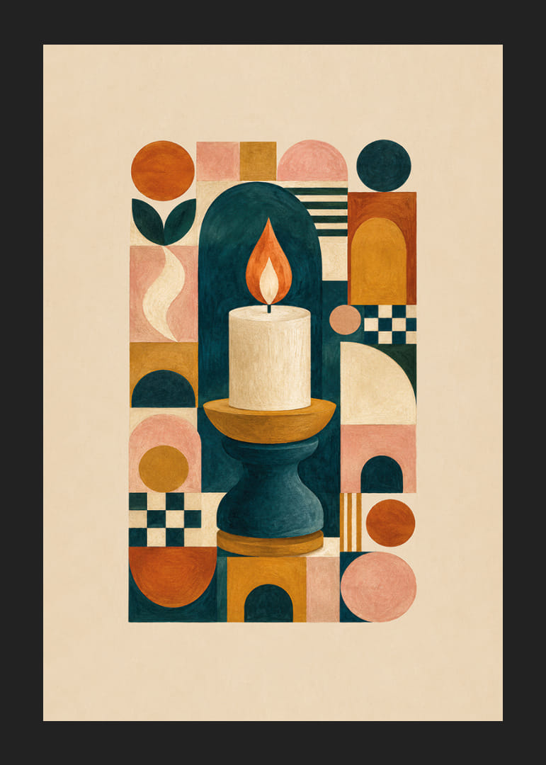 Een stijlvolle poster met harmonieuze geometrische vormen en een stralende vlam.-12