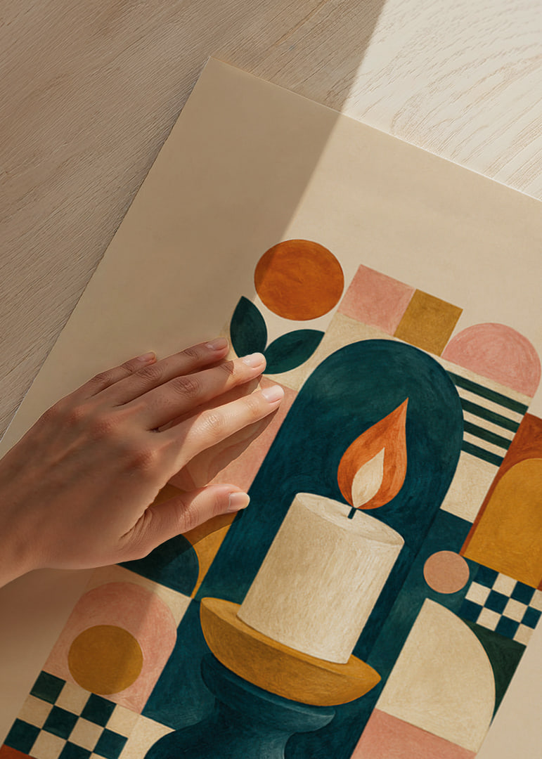 A stylish poster with harmonious geometric shapes and a luminous flame.-12