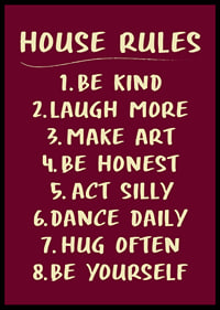 Warm typographic poster with playful house rules in cream white against burgundy.-6
