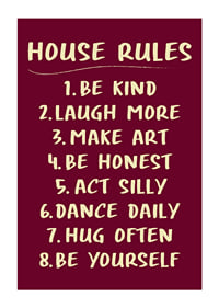 Warm typographic poster with playful house rules in cream white against burgundy.-1