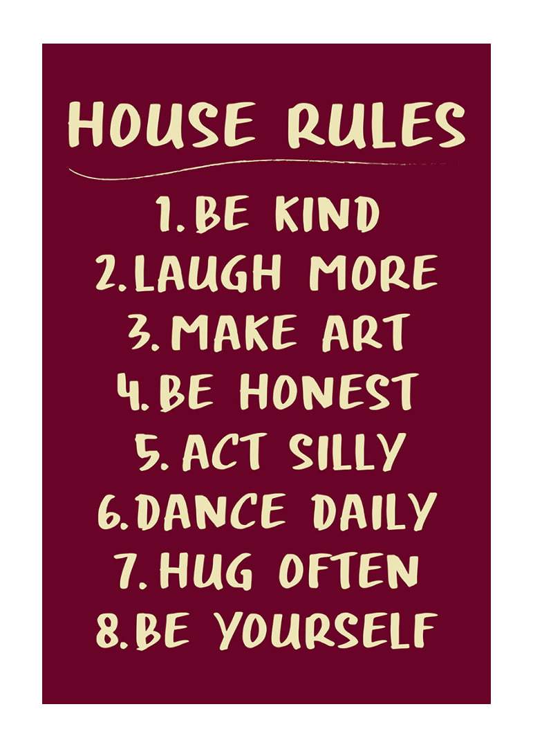Warm typographic poster with playful house rules in cream white against burgundy.-12