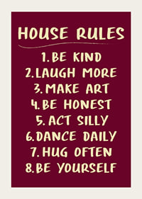 Warm typographic poster with playful house rules in cream white against burgundy.-3