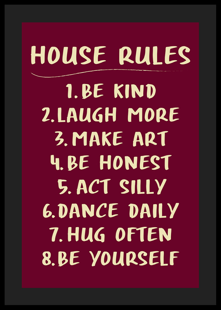 Warm typographic poster with playful house rules in cream white against burgundy.-12