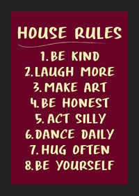 Warm typographic poster with playful house rules in cream white against burgundy.-5