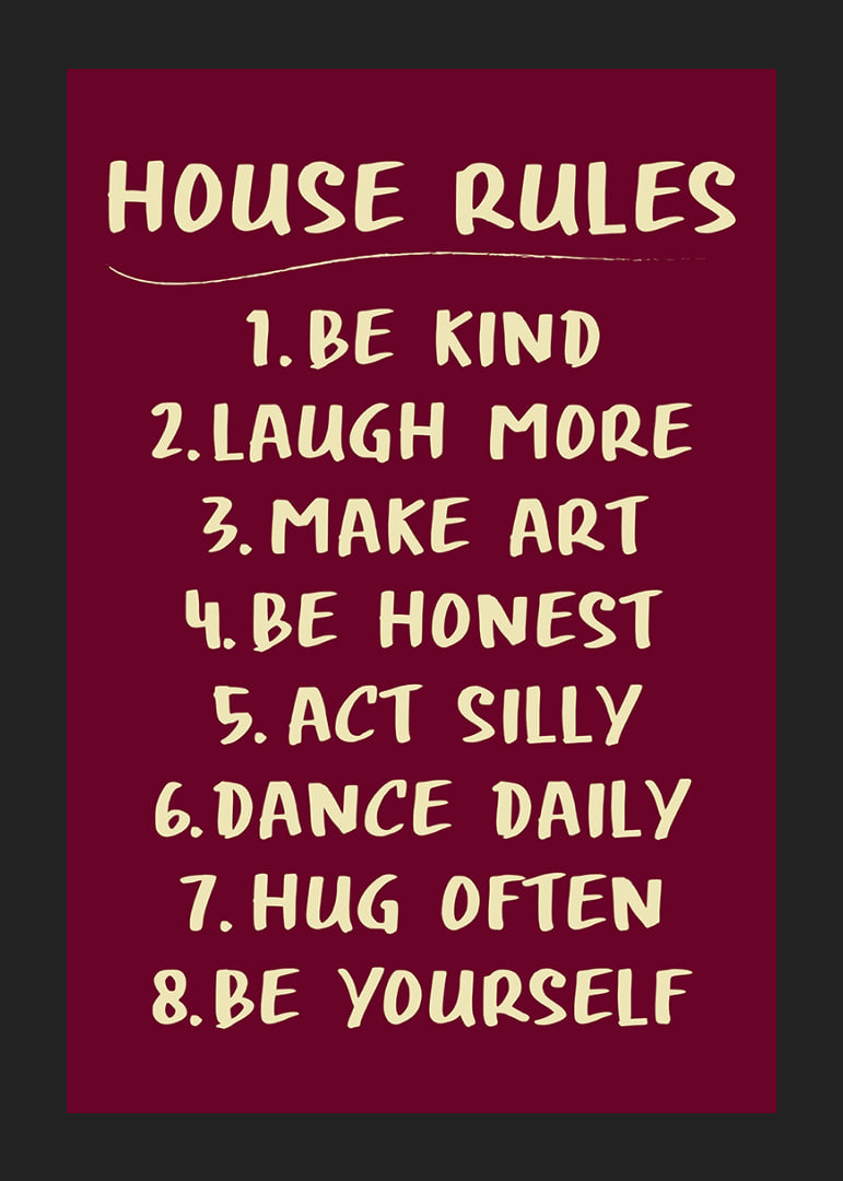Warm typographic poster with playful house rules in cream white against burgundy.-12