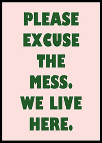 Typographic poster with a humorous message in dark green against light pink.-6