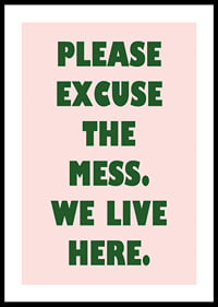 Typographic poster with a humorous message in dark green against light pink.-0