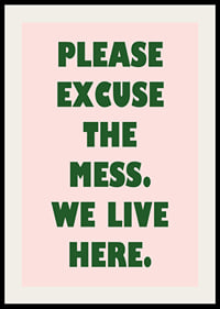 Typographic poster with a humorous message in dark green against light pink.-2