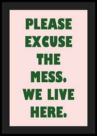 Typographic poster with a humorous message in dark green against light pink.-4
