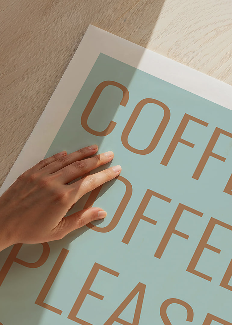 Typographic poster with coffee message in warm copper tones against soft mint green.-12