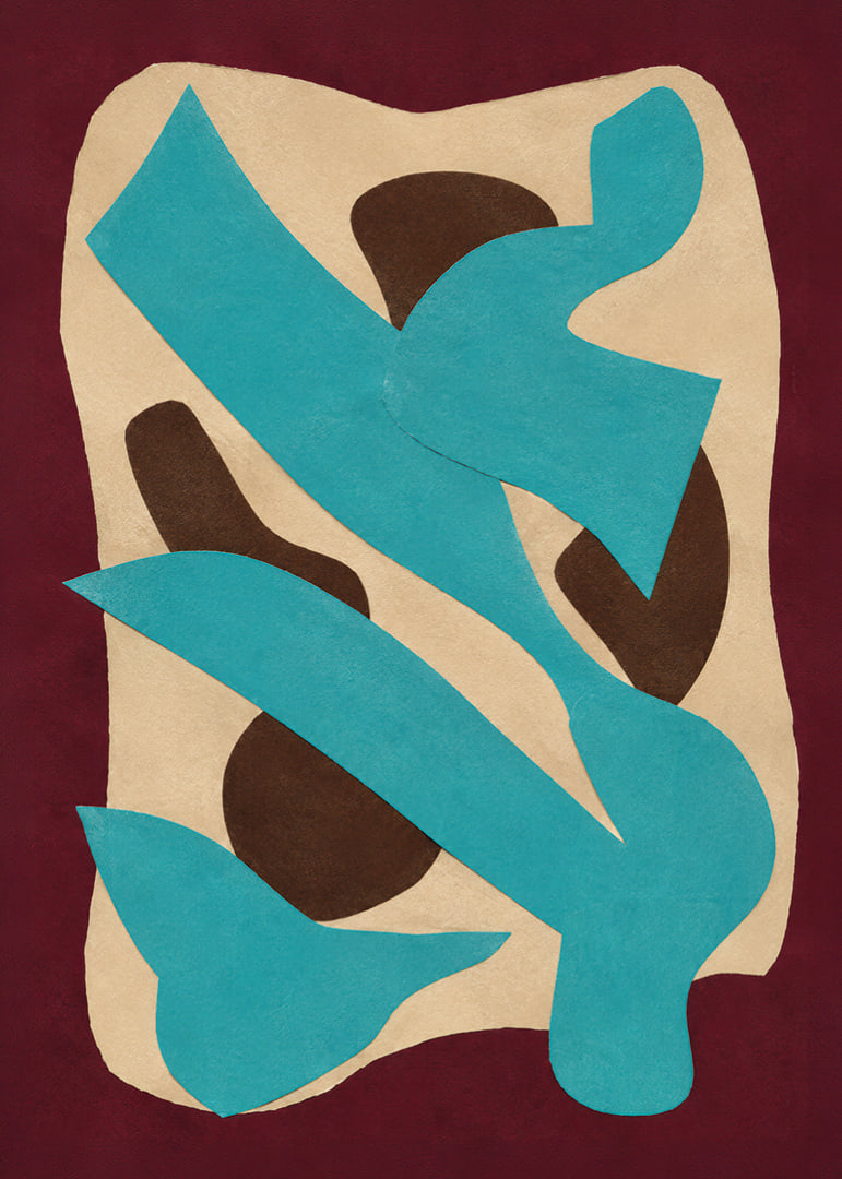 Turquoise and dark brown shapes create a bold, playful abstract rhythm.-12