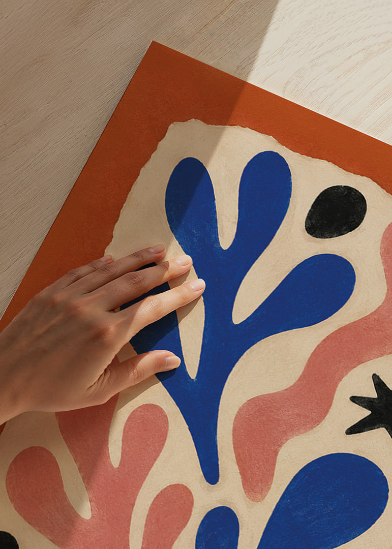 Organic shapes in blue, coral and black create a playful, modern harmony.-12