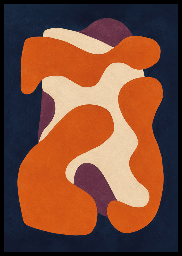 Organic shapes in terracotta and plum against a deep midnight blue background.-12