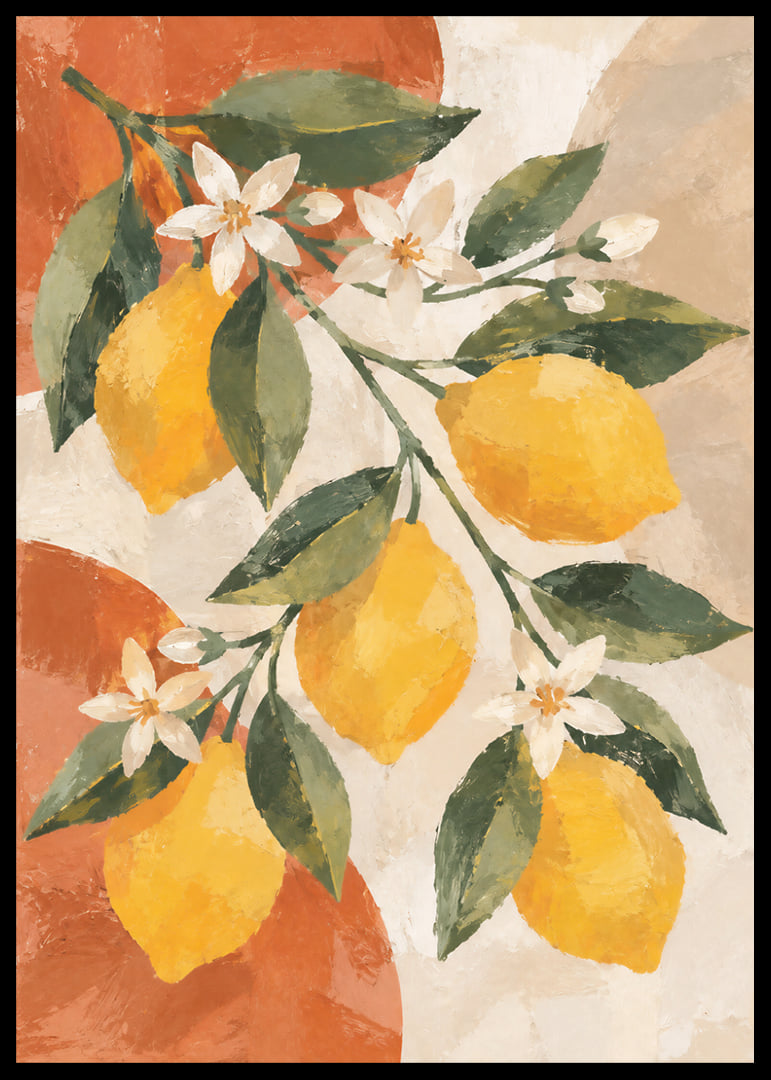 Des citrons jaune soleil et des fleurs blanches dans un tableau chaleureux d'inspiration méditerranéenne.-12